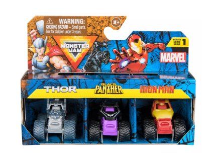 Monster Jam Mini Thor, Black Panther a Iron Man